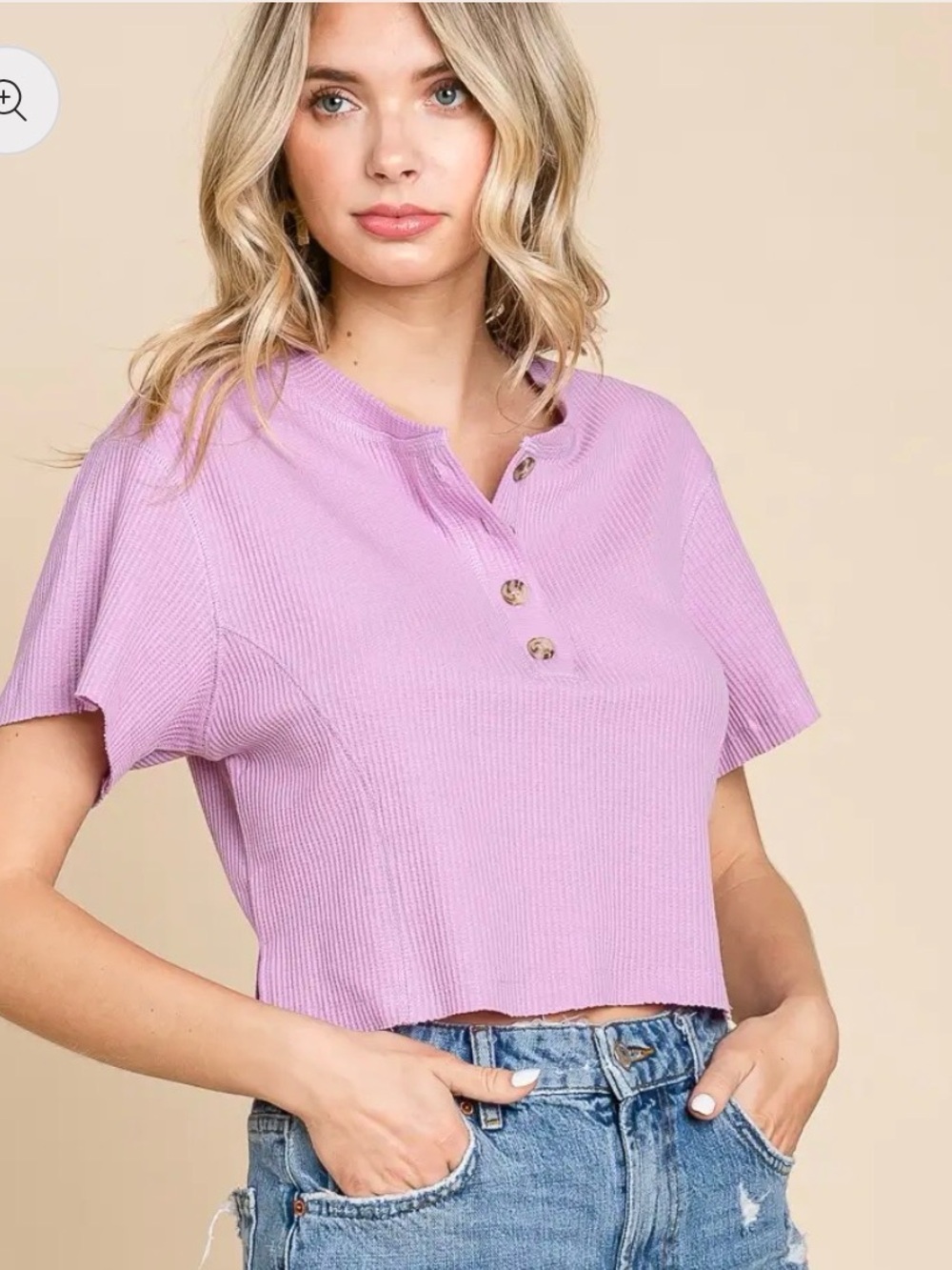 Ribbed Button-Front Cropped Top in Lilac